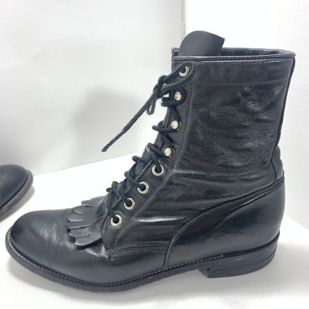 Justin L0506 Western Roper Kiltie Women Leather Black Boots Lace Up, Size 7B
